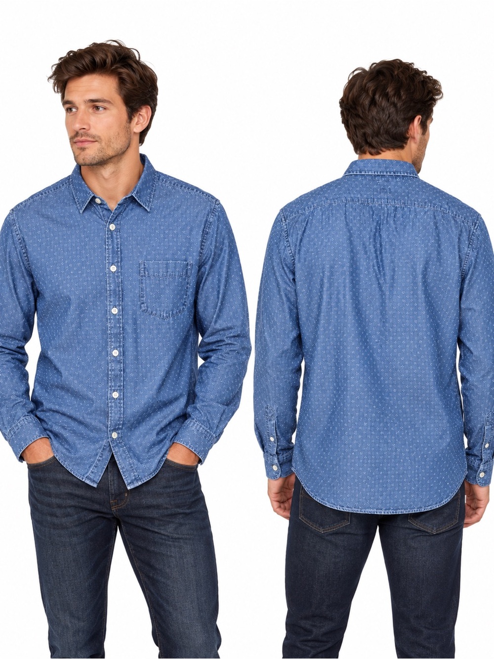 J.Crew Mens Large L Slim Fit Chambray Shirt Blue White Dot Button Down Cotton